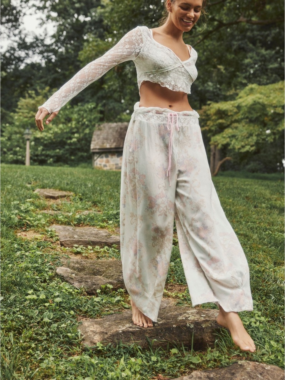 Free People Light Blue Floral Lace-Trim Lounge Pants with Pink Drawstring